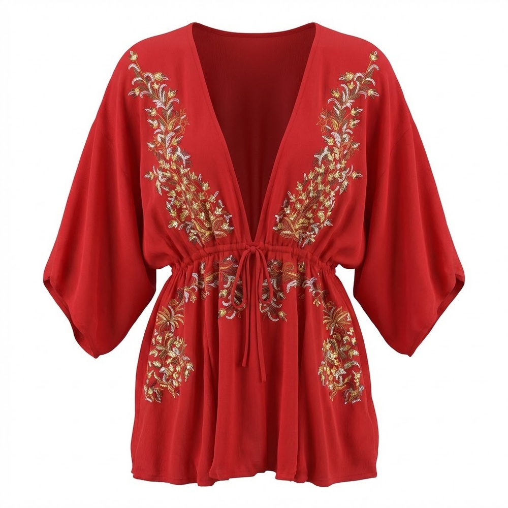 Festival Y2K Boho Red Kimono with Floral Embroidery Size 2 FLAWED Summer